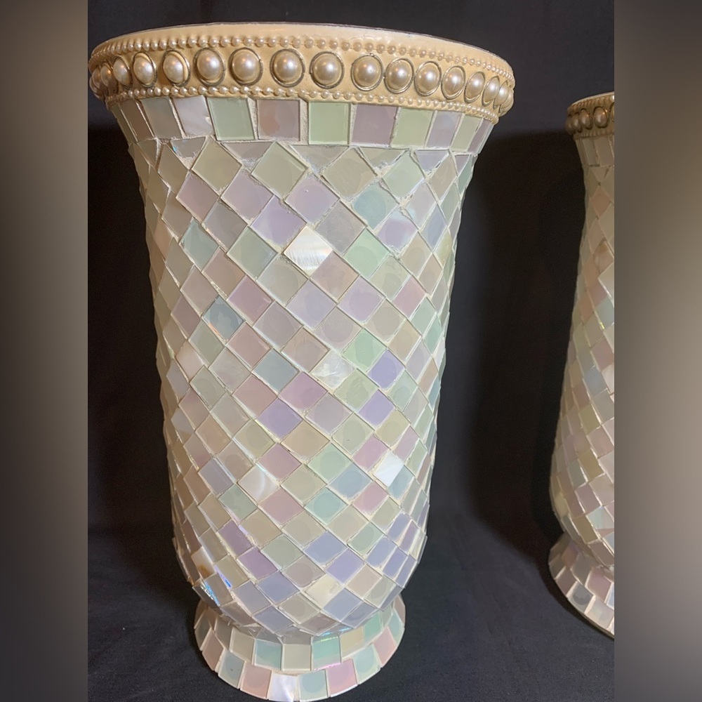 Glass White Mother of Peal Mosaic Hurricane Candle Holder Vase 11" - Picture 3 of 4